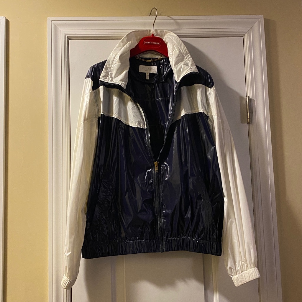 Escada Shiny Full Zip Navy White Jacket Gold Logo Hardware Neverused
